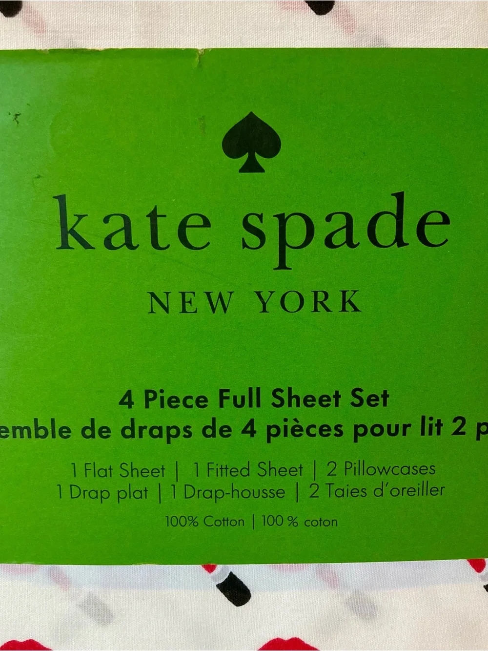 NWT kate spade New York White Sheet Set with Red Lips and Black Lipstick Print